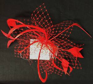 Red  (scarlet) fascinator with veiling and feathers - one only