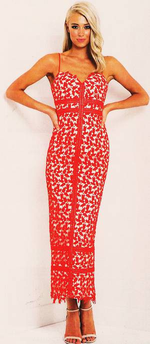 Poppy red lace long gown - one only size 10/12