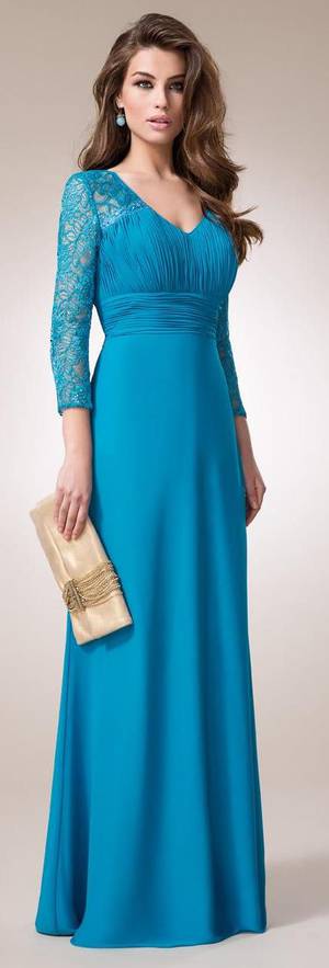 Lace and chiffon V Neck gown with sleeves - size 14/16 only