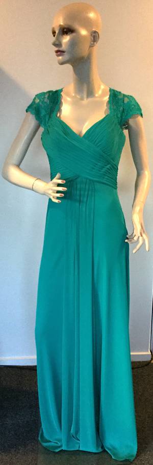 Full length gown with pleated bust and lace shoulders -size 12 only