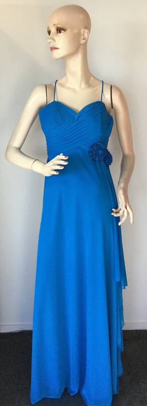 Blue chiffon gown with rosettes and shoestring straps - size 10 and 12 only